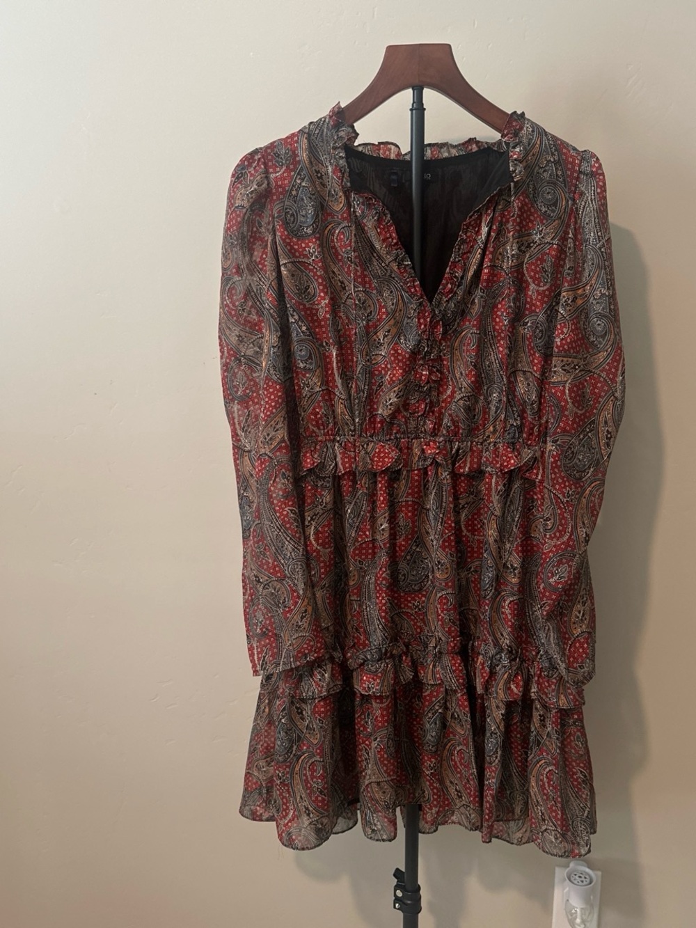 Buffalo David Bitton Red Paisley Tiered Long-Sleeve Dress